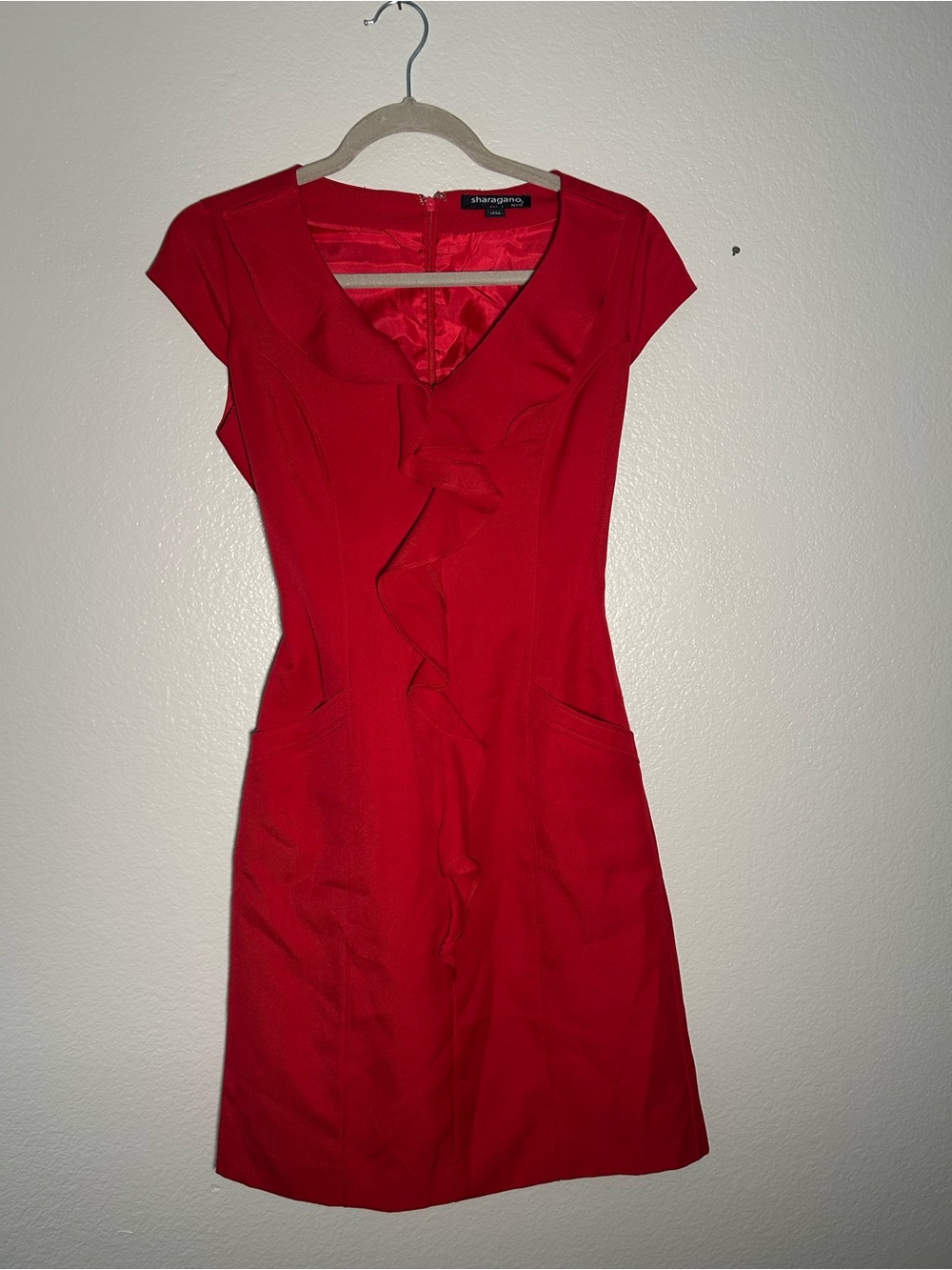 Sharagano Red Ruffle-Front Cap Sleeve Mini Dress